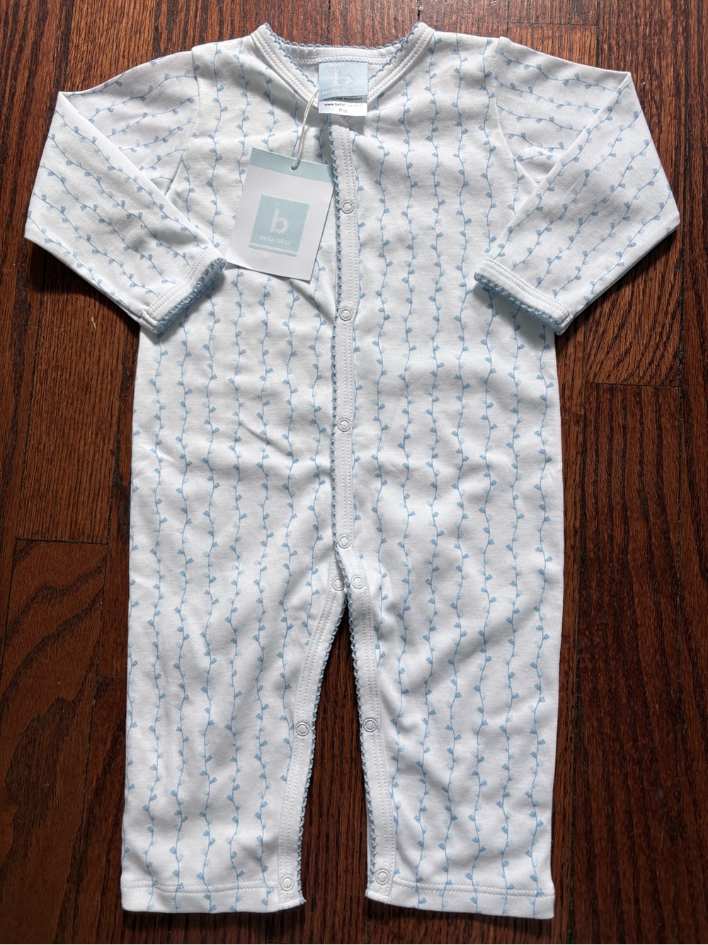 NWT Bella Bliss Pina Cotton With Picot Trim Blue Vines 1 Pce Romper Size 6 Month
